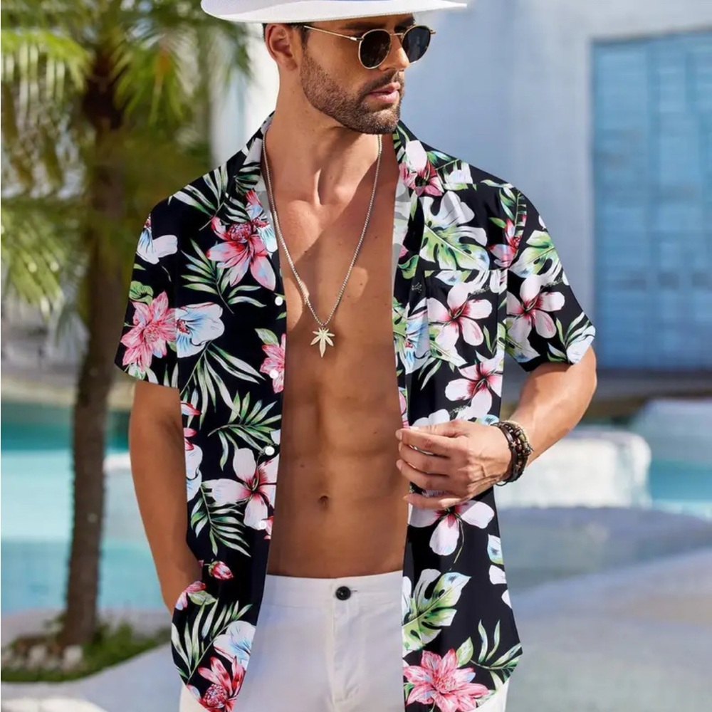 Black Tropical Hawaiian Shirt Men’s Size L